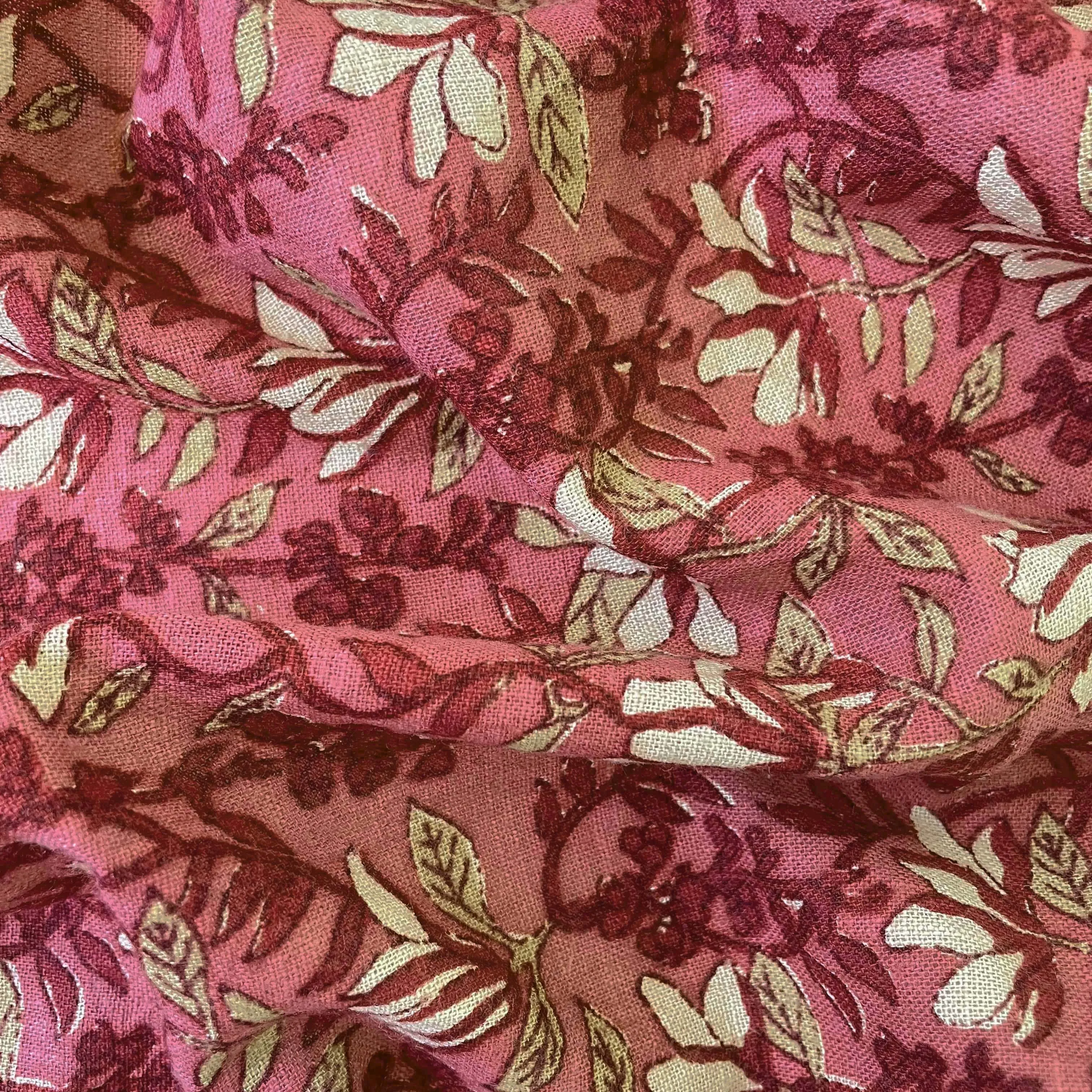 Dusty Pink & Maroon Water Lillies Hand Block Printed Pure Cotton Linen Fabric (Width 42 inches)