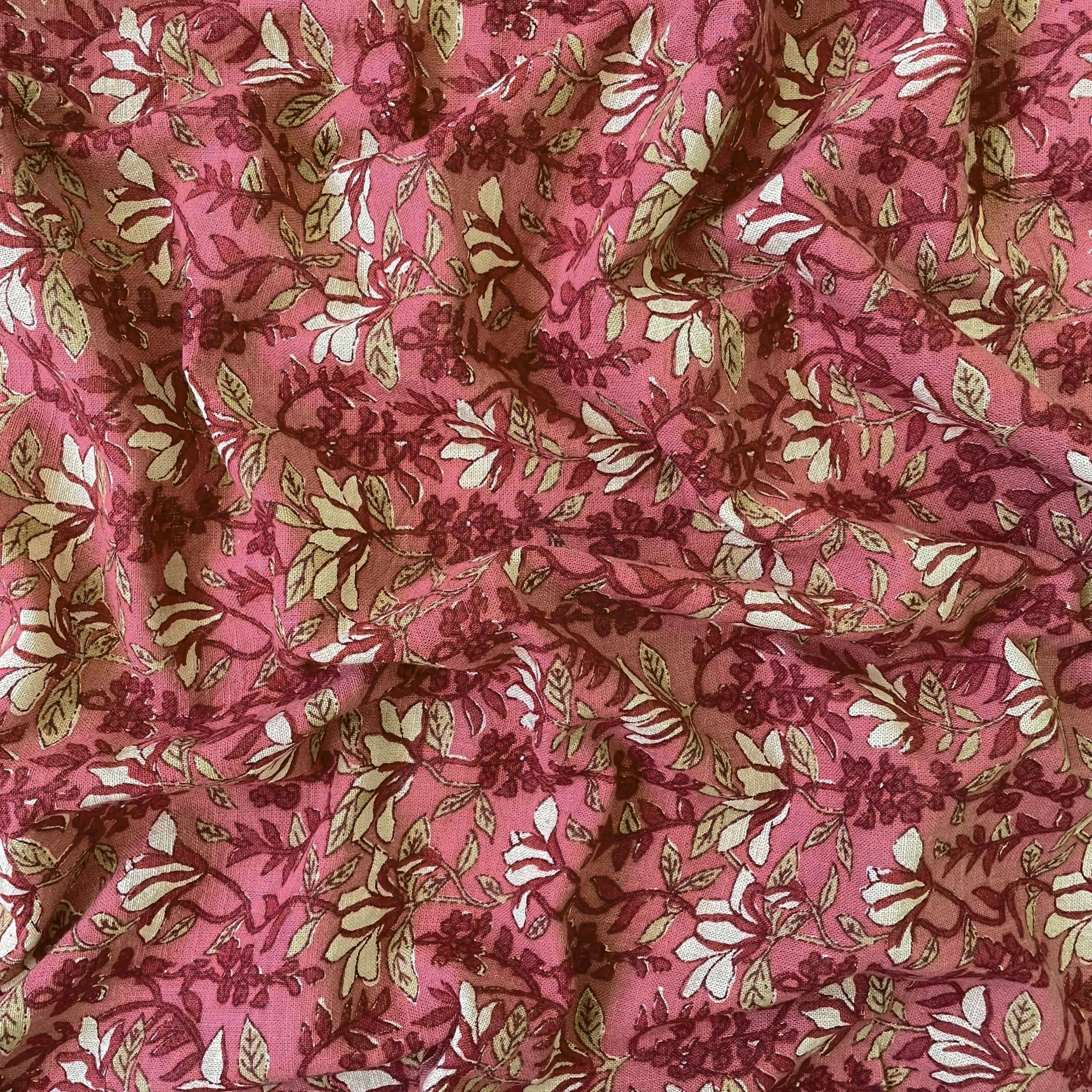 Dusty Pink & Maroon Water Lillies Hand Block Printed Pure Cotton Linen Fabric (Width 42 inches)