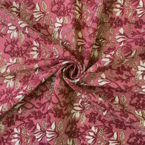 Dusty Pink & Maroon Water Lillies Hand Block Printed Pure Cotton Linen Fabric (Width 42 inches)