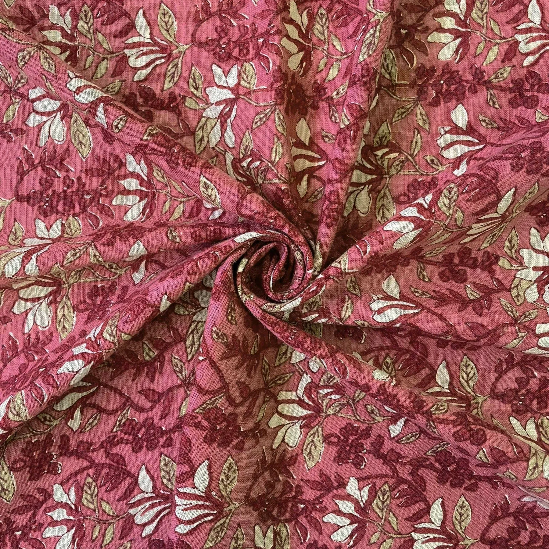 Dusty Pink & Maroon Water Lillies Hand Block Printed Pure Cotton Linen Fabric (Width 42 inches)