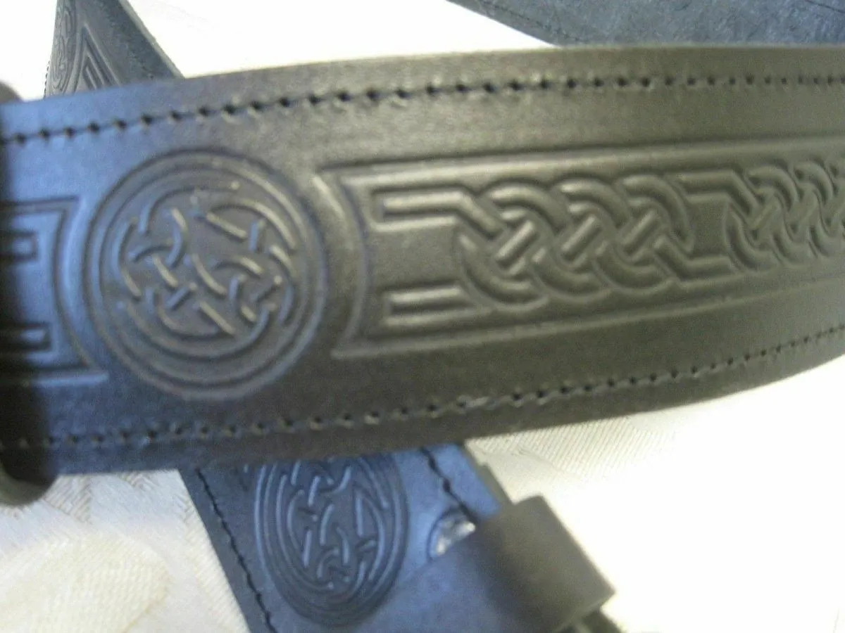 Embossed Celtic Knot Leather Belt & Antiqued Celtic Buckle Scottish Men's Kilt