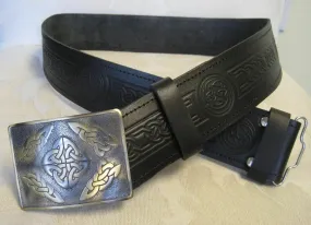 Embossed Celtic Knot Leather Belt & Antiqued Celtic Buckle Scottish Men's Kilt