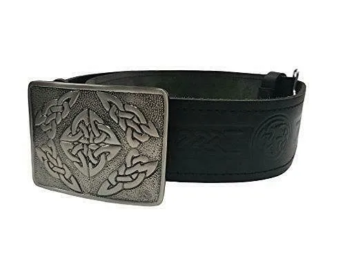 Embossed Celtic Knot Leather Belt & Antiqued Celtic Buckle Scottish Men's Kilt