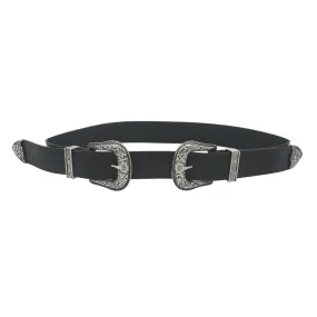 Floral Embossed Double Buckle Western Belt, Black