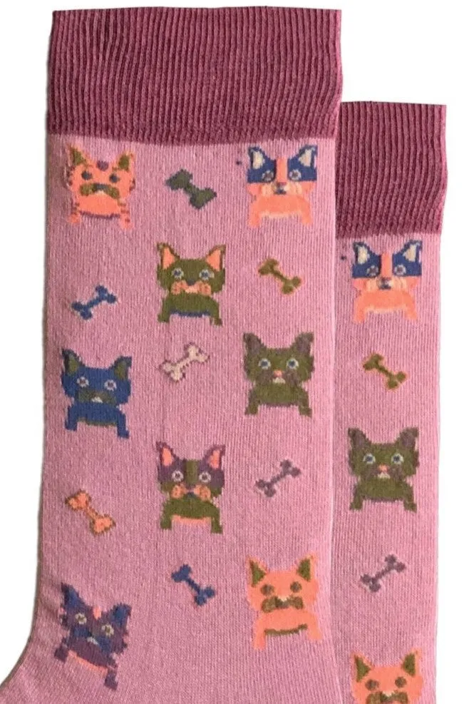 FOOT FEDERATION FRENCH BULLDOG  200 STITCH MID-CALF COTTON MEN'S DRESS SOCK ROSE
