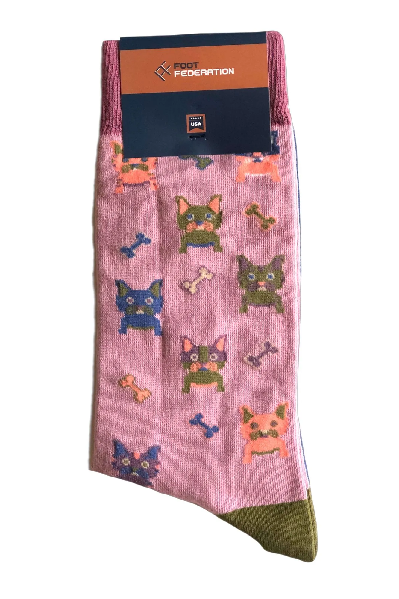 FOOT FEDERATION FRENCH BULLDOG  200 STITCH MID-CALF COTTON MEN'S DRESS SOCK ROSE
