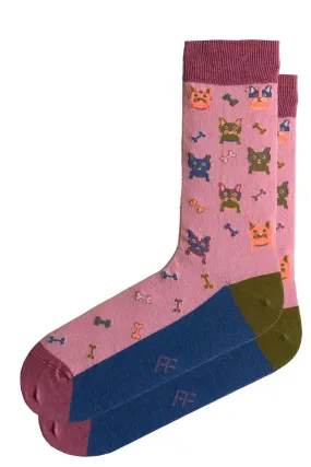 FOOT FEDERATION FRENCH BULLDOG  200 STITCH MID-CALF COTTON MEN'S DRESS SOCK ROSE