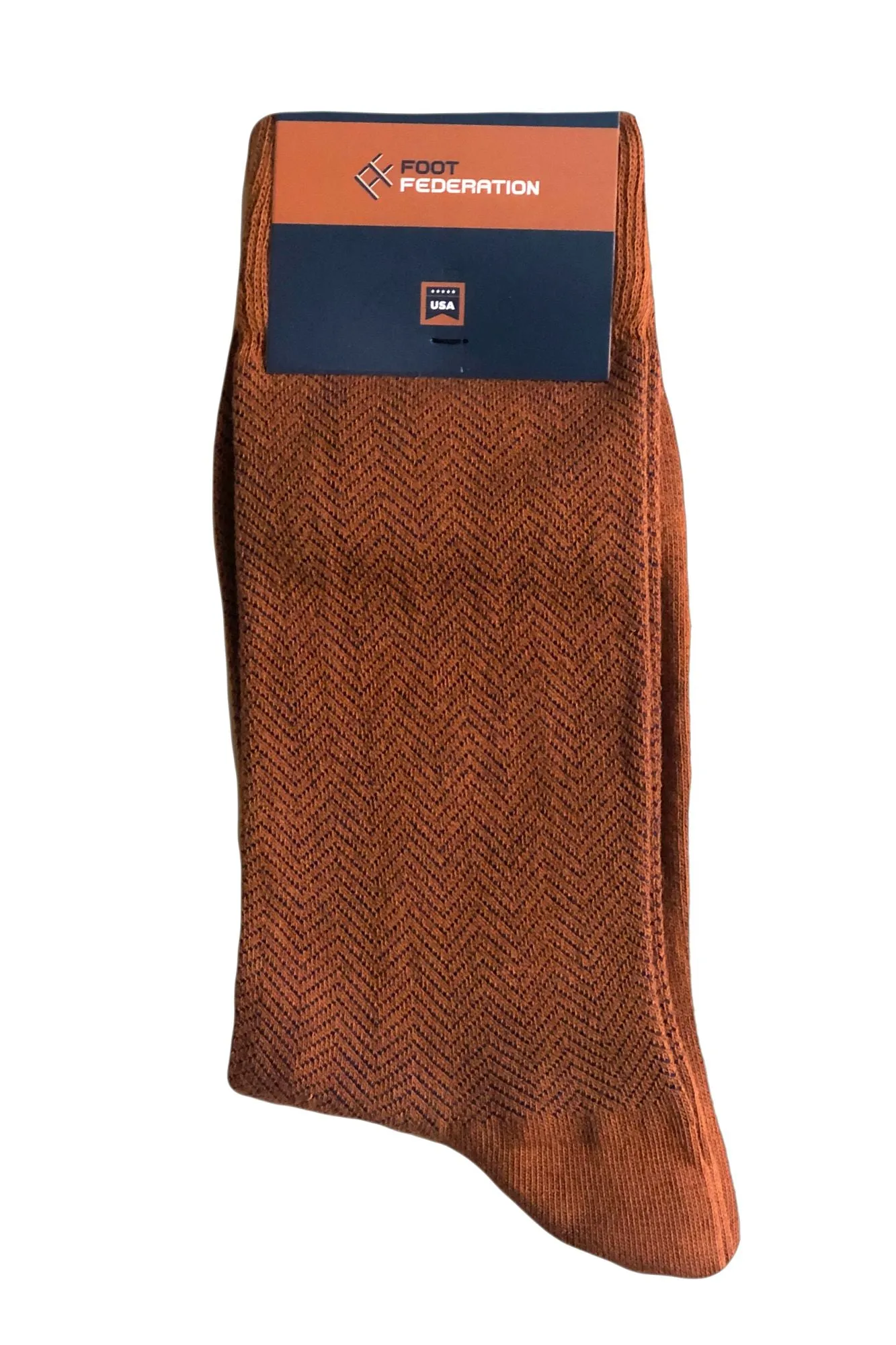 FOOT FEDERATION HERRINGBONE 200 STITCH MID-CALF COTTON MEN'S DRESS SOCK CINNAMON