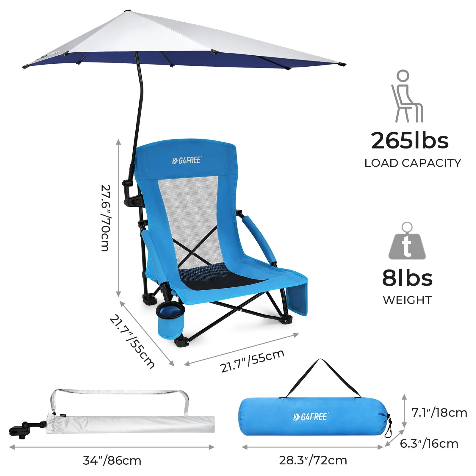 G4Free Beach Chair with UPF 50  Adjustable Beach Umbrella