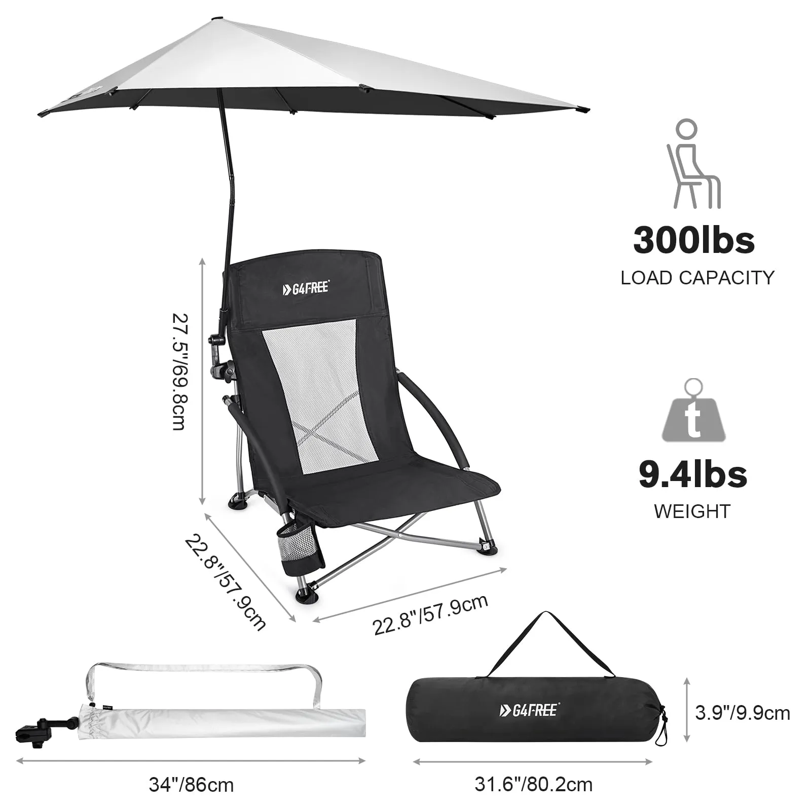 G4Free Beach Chair with UPF 50  Adjustable Beach Umbrella