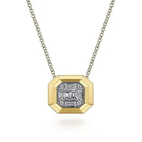 Gabriel & Co. 14K Yellow Gold Geometric Baguette and Round Diamond Pendant Necklace