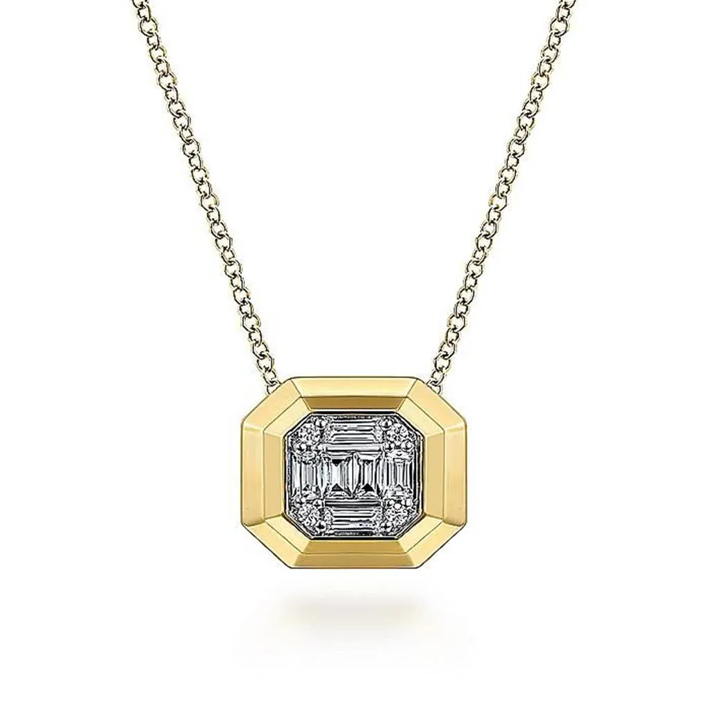 Gabriel & Co. 14K Yellow Gold Geometric Baguette and Round Diamond Pendant Necklace