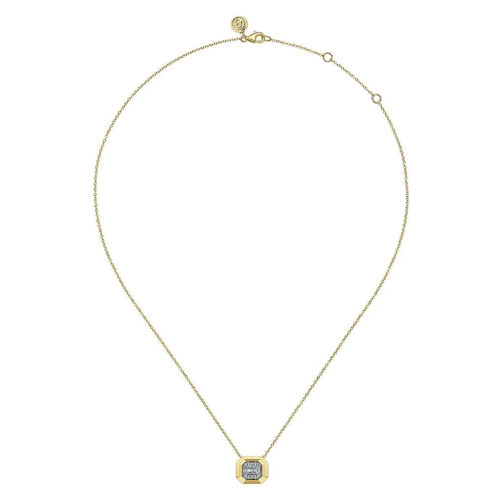 Gabriel & Co. 14K Yellow Gold Geometric Baguette and Round Diamond Pendant Necklace