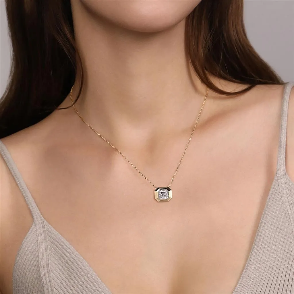 Gabriel & Co. 14K Yellow Gold Geometric Baguette and Round Diamond Pendant Necklace