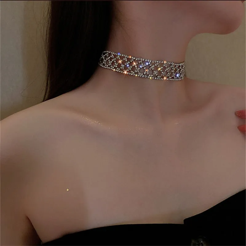 Geometric Hollow Mesh Crystal Choker Necklaces for Women