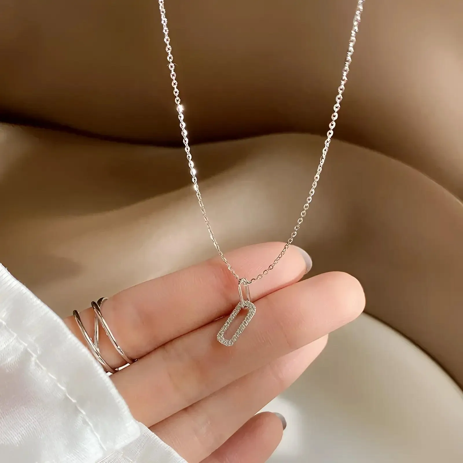 Geometric Oval Pendant | Zircon Sterling Silver Pendant Necklace