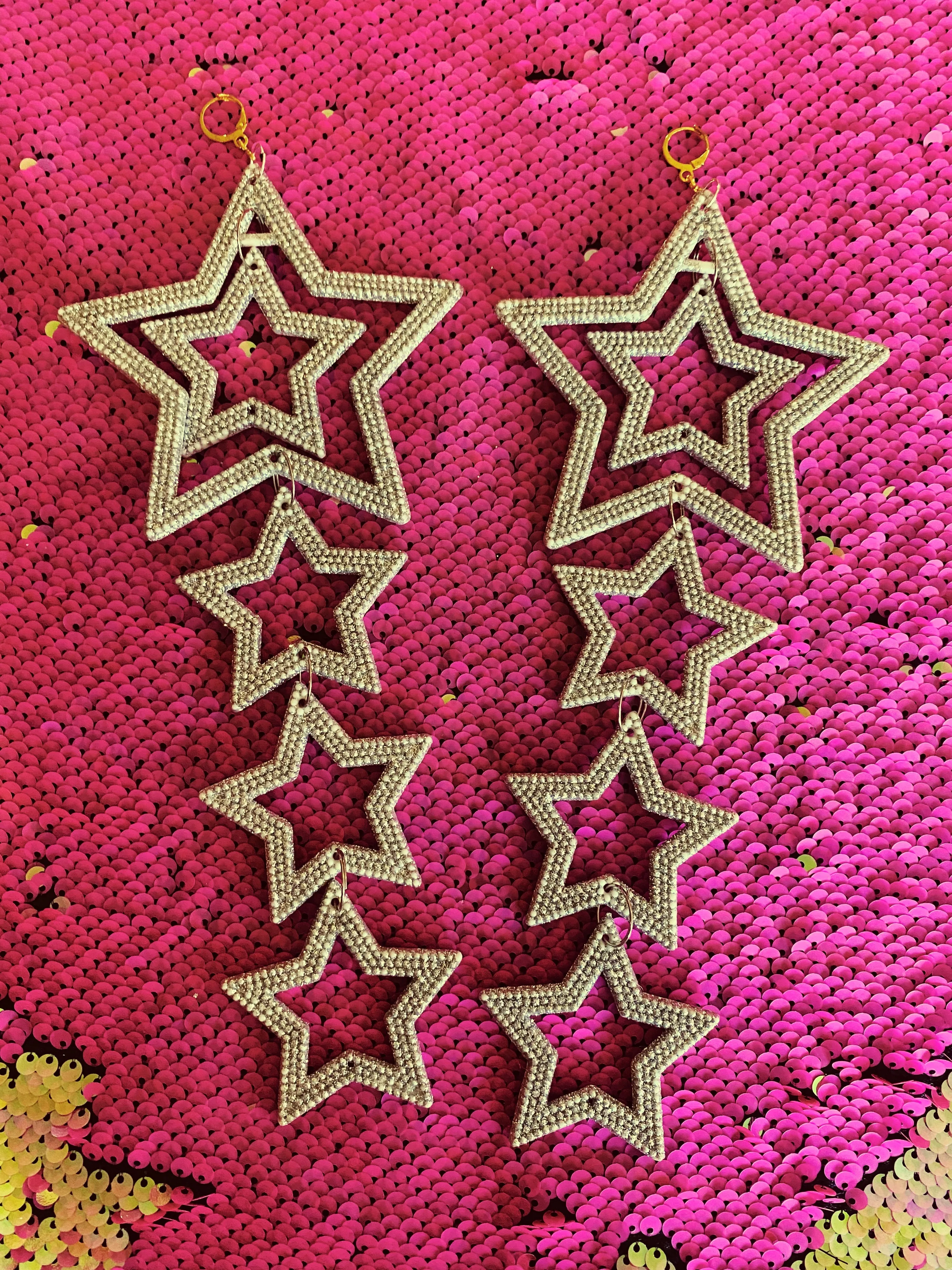 Giant Star Silver Glitter Dangle Earrings