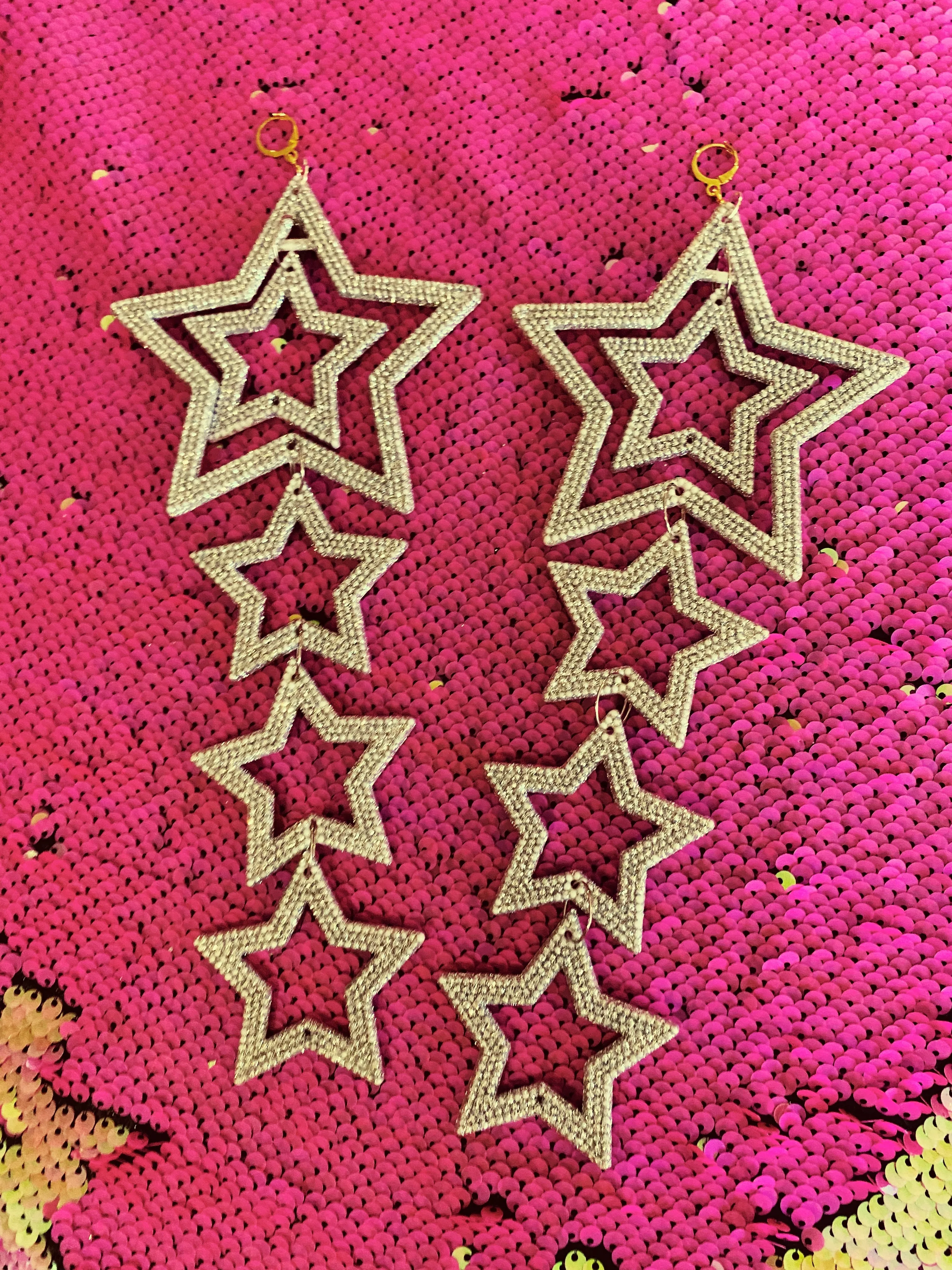 Giant Star Silver Glitter Dangle Earrings