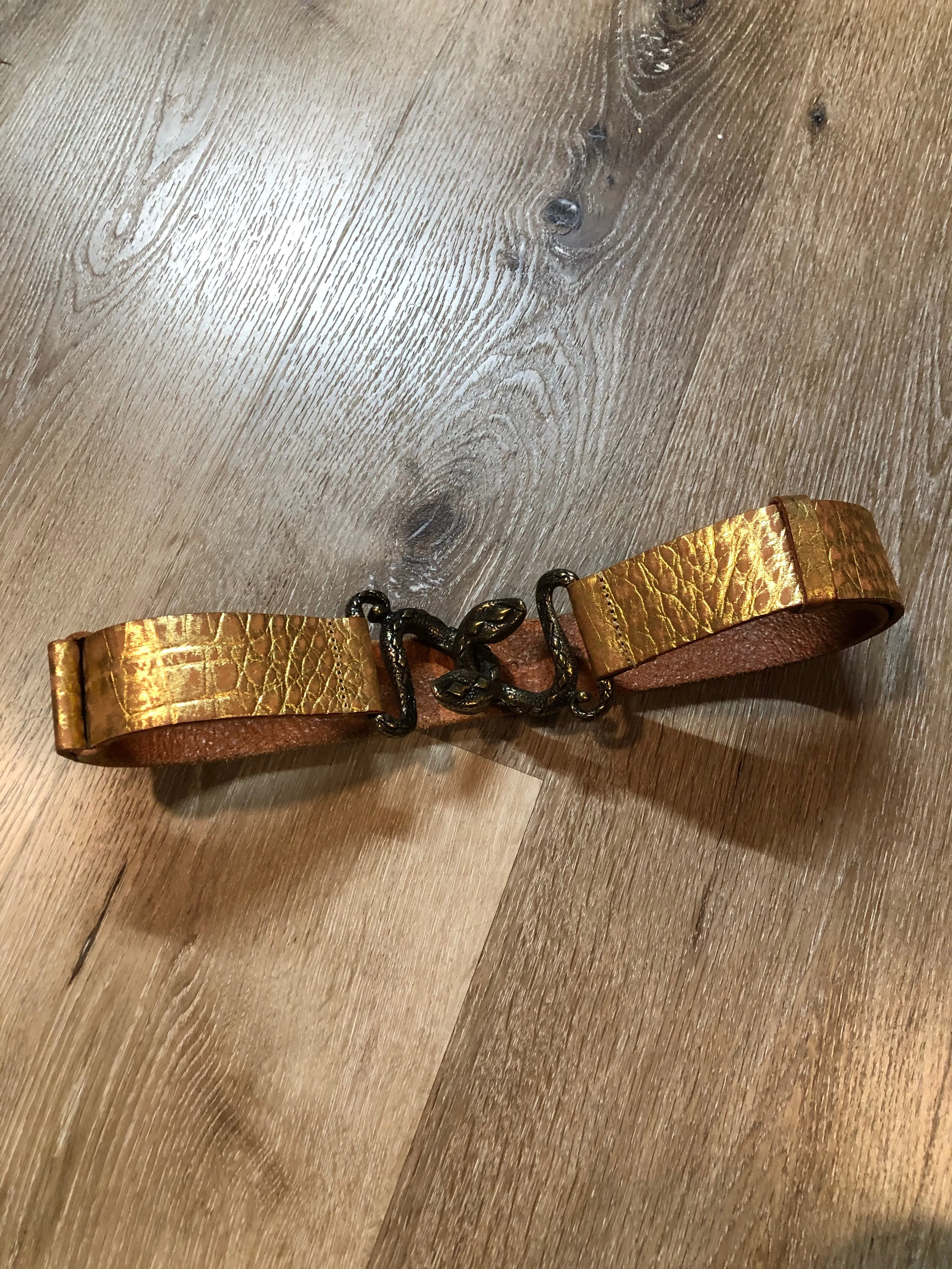 Gold Croc-Embossed Leather Belt with Snake Buckle