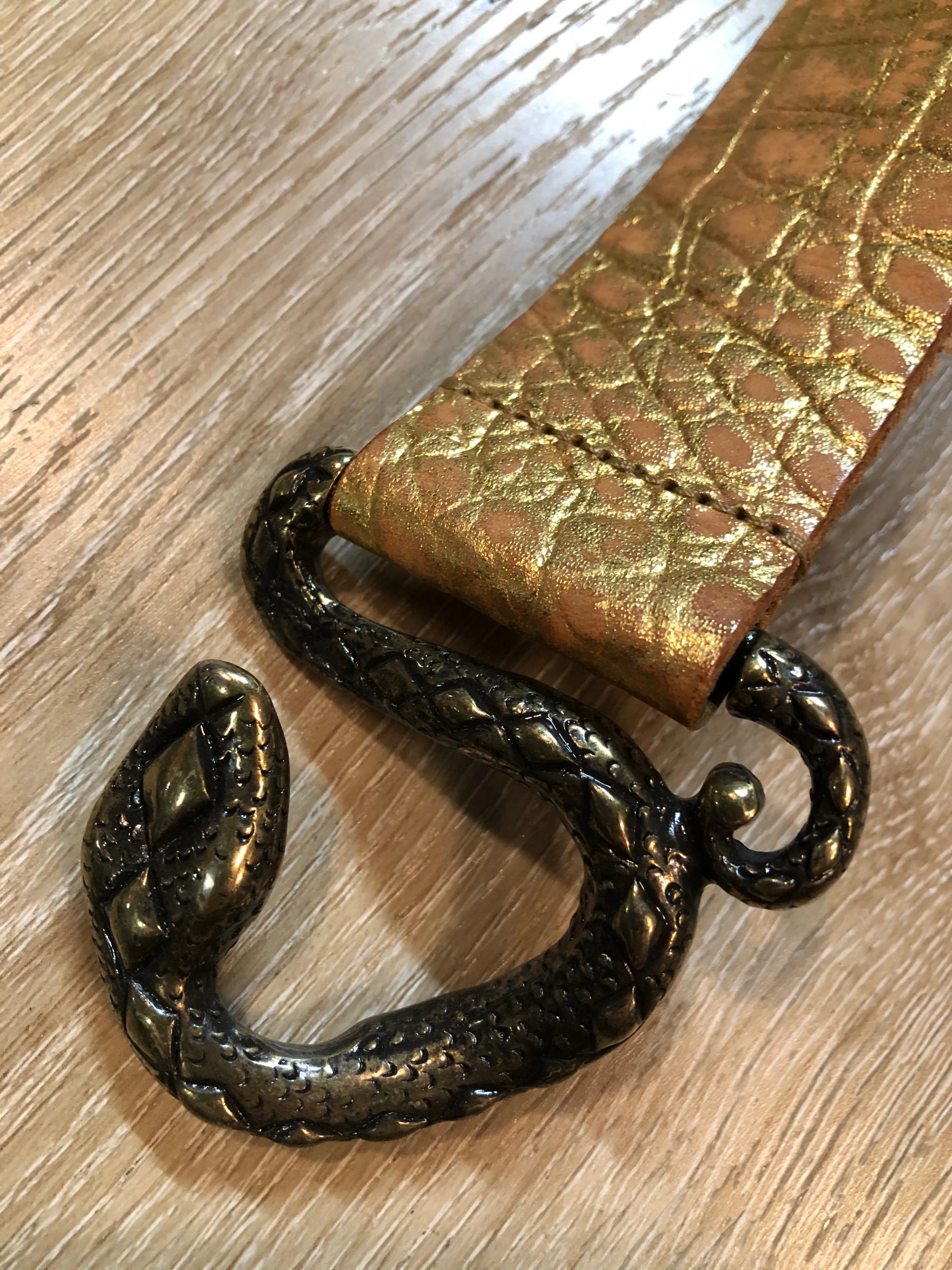 Gold Croc-Embossed Leather Belt with Snake Buckle