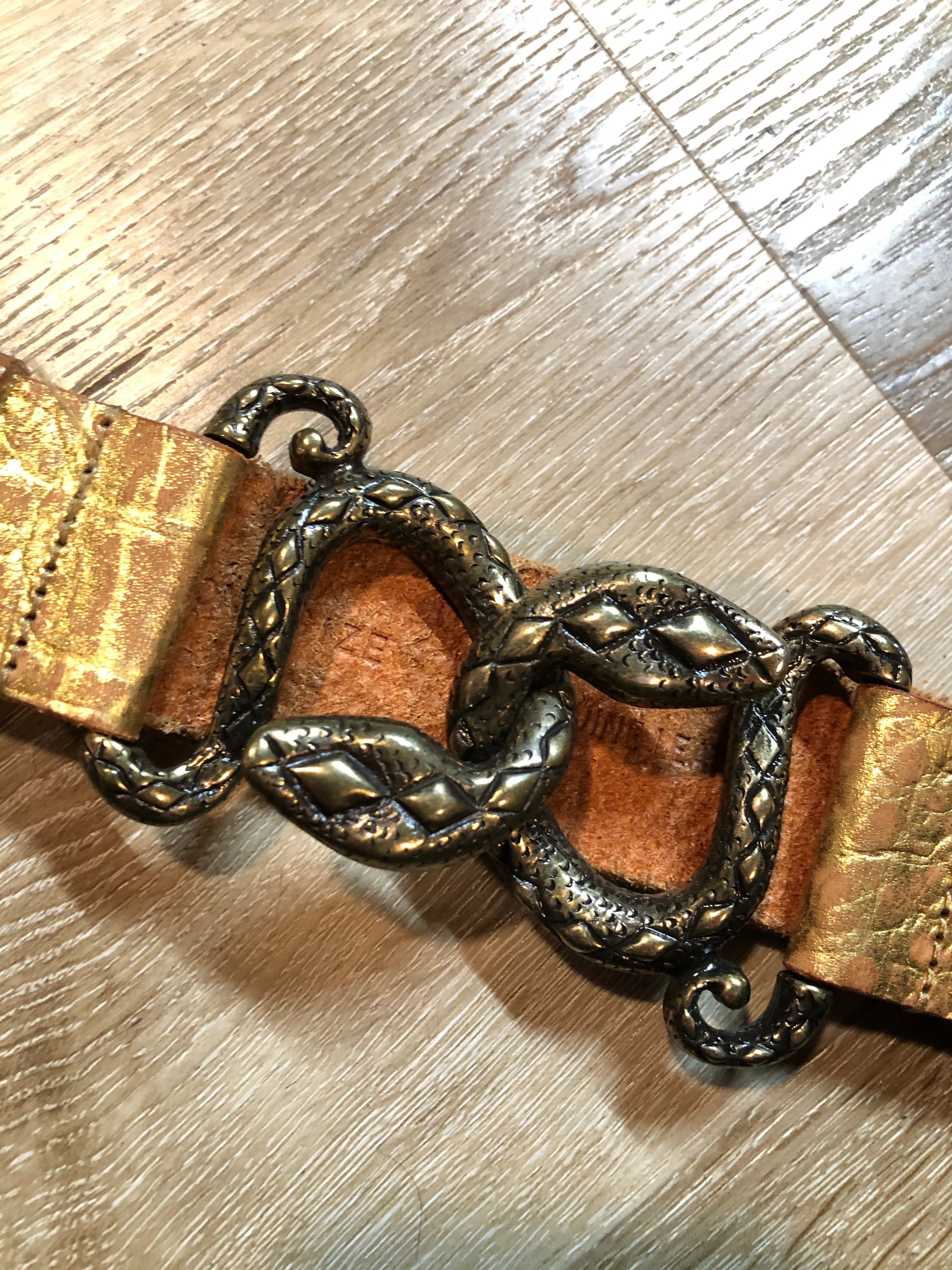 Gold Croc-Embossed Leather Belt with Snake Buckle