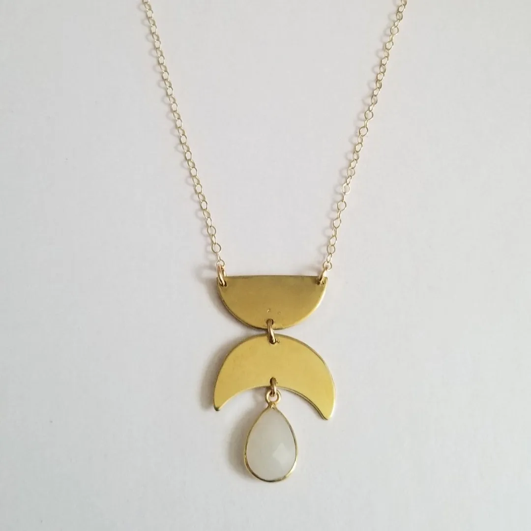 Gold Geometric Moonstone Pendant Necklace, Boho Style Statement Necklace
