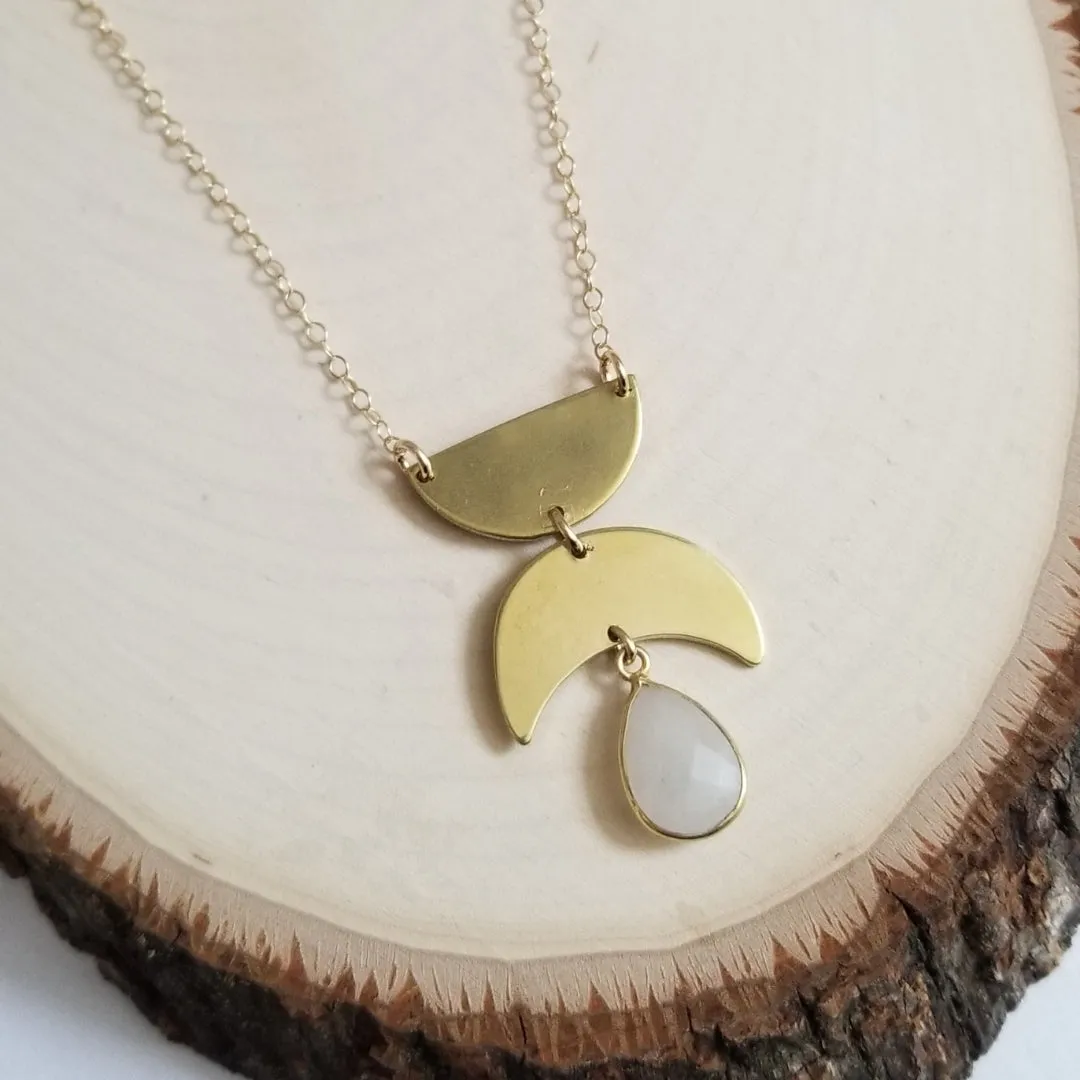 Gold Geometric Moonstone Pendant Necklace, Boho Style Statement Necklace