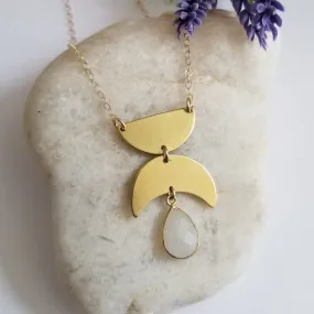 Gold Geometric Moonstone Pendant Necklace, Boho Style Statement Necklace