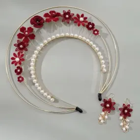 Halo Goddess Red Floral and Pearl Festival Headdress Headband and Earrings Set