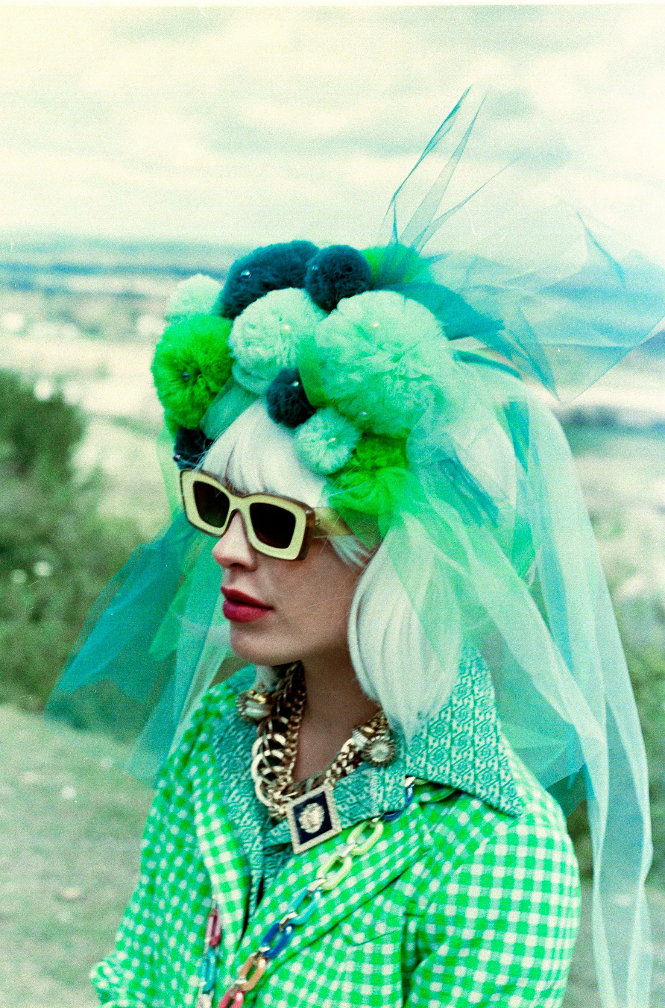 Handmade Tulle Green Pom Pom Headdress
