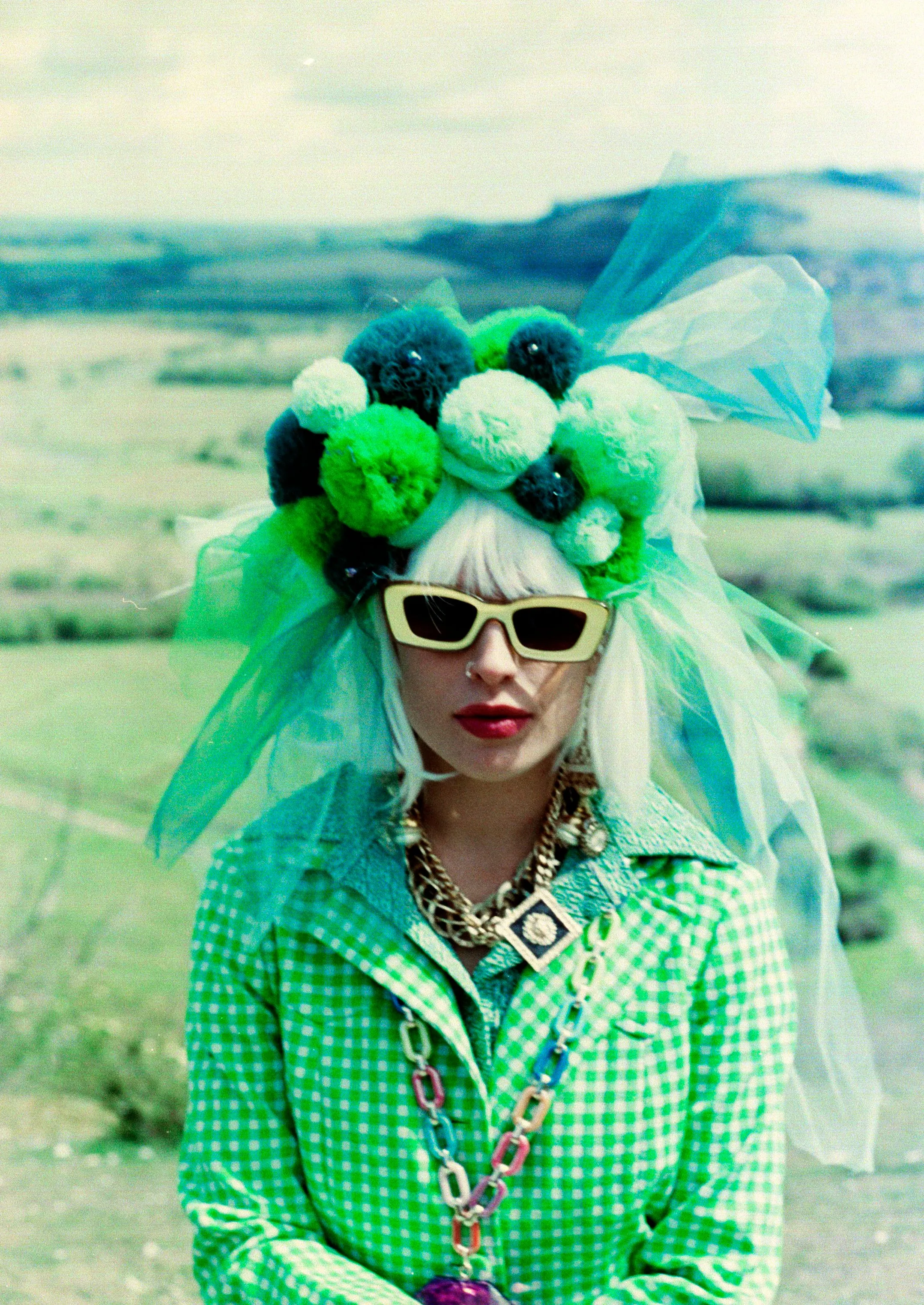 Handmade Tulle Green Pom Pom Headdress