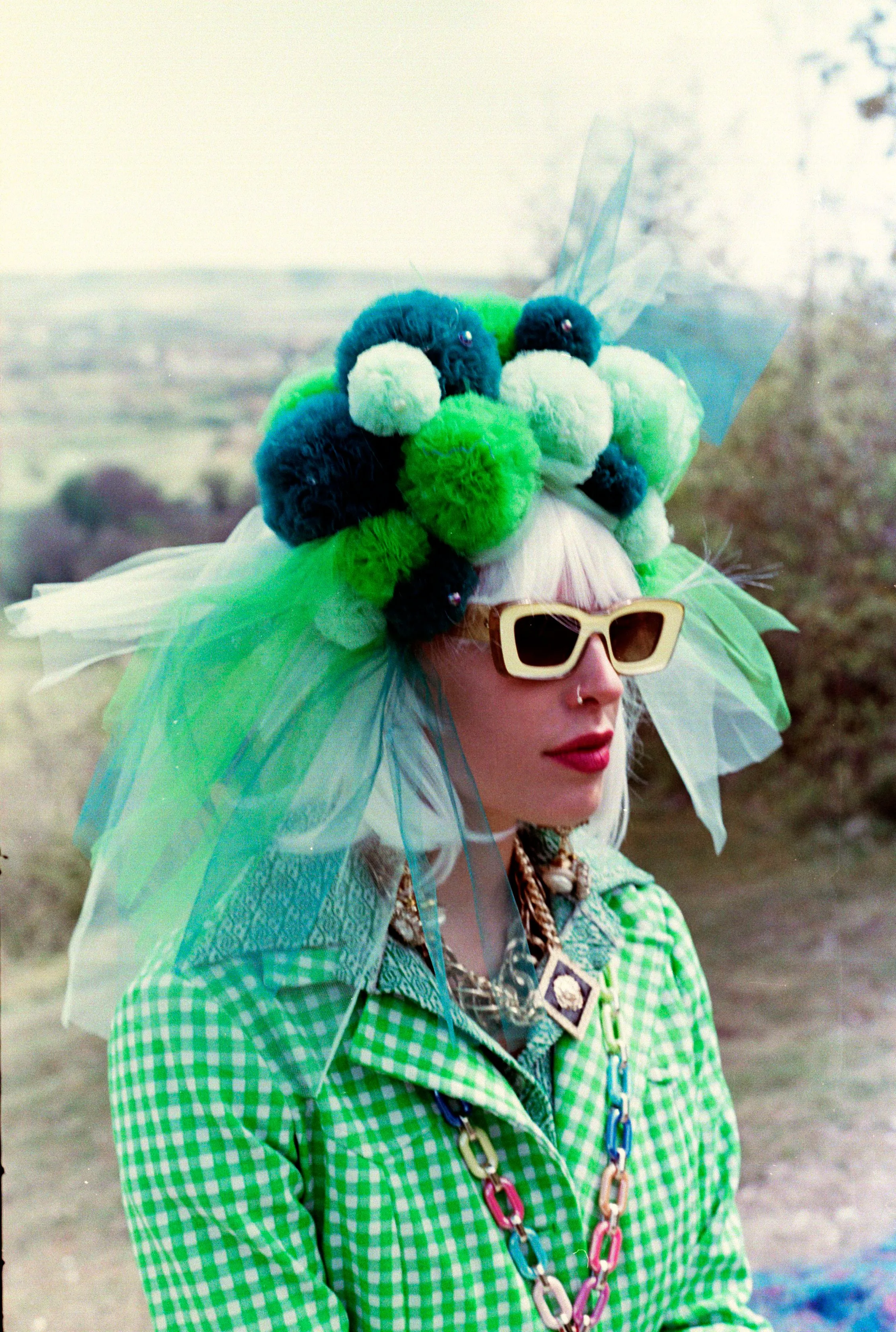 Handmade Tulle Green Pom Pom Headdress