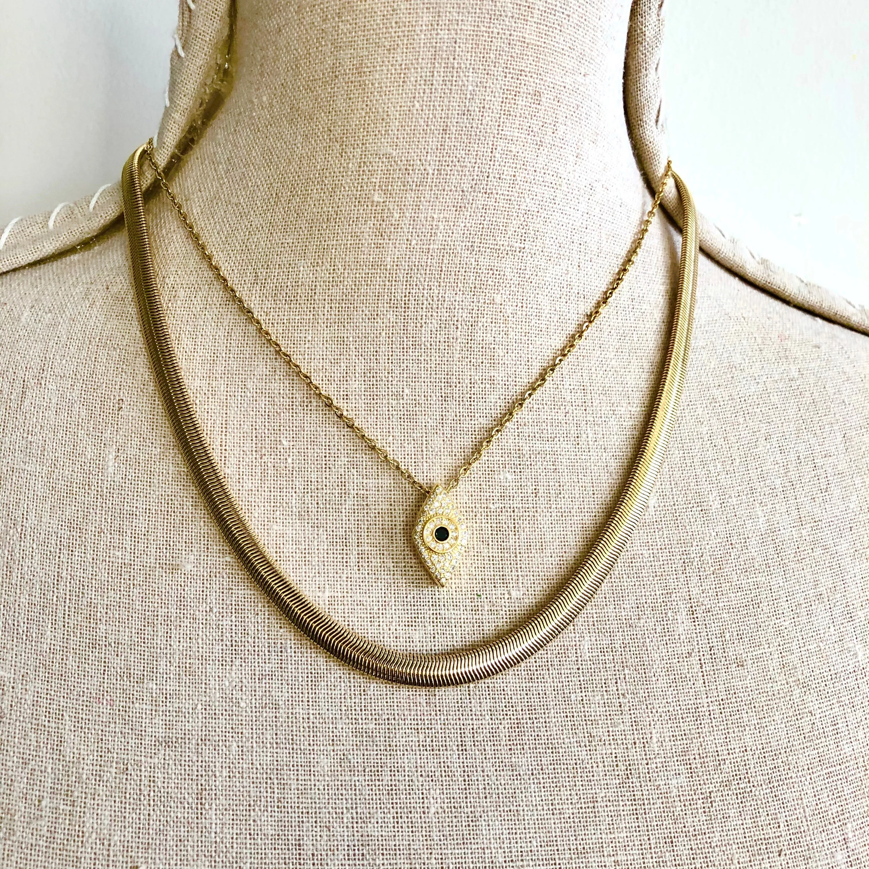 HERRINGBONE SNAKE CHAIN and EVIL EYE NECKLACE SET
