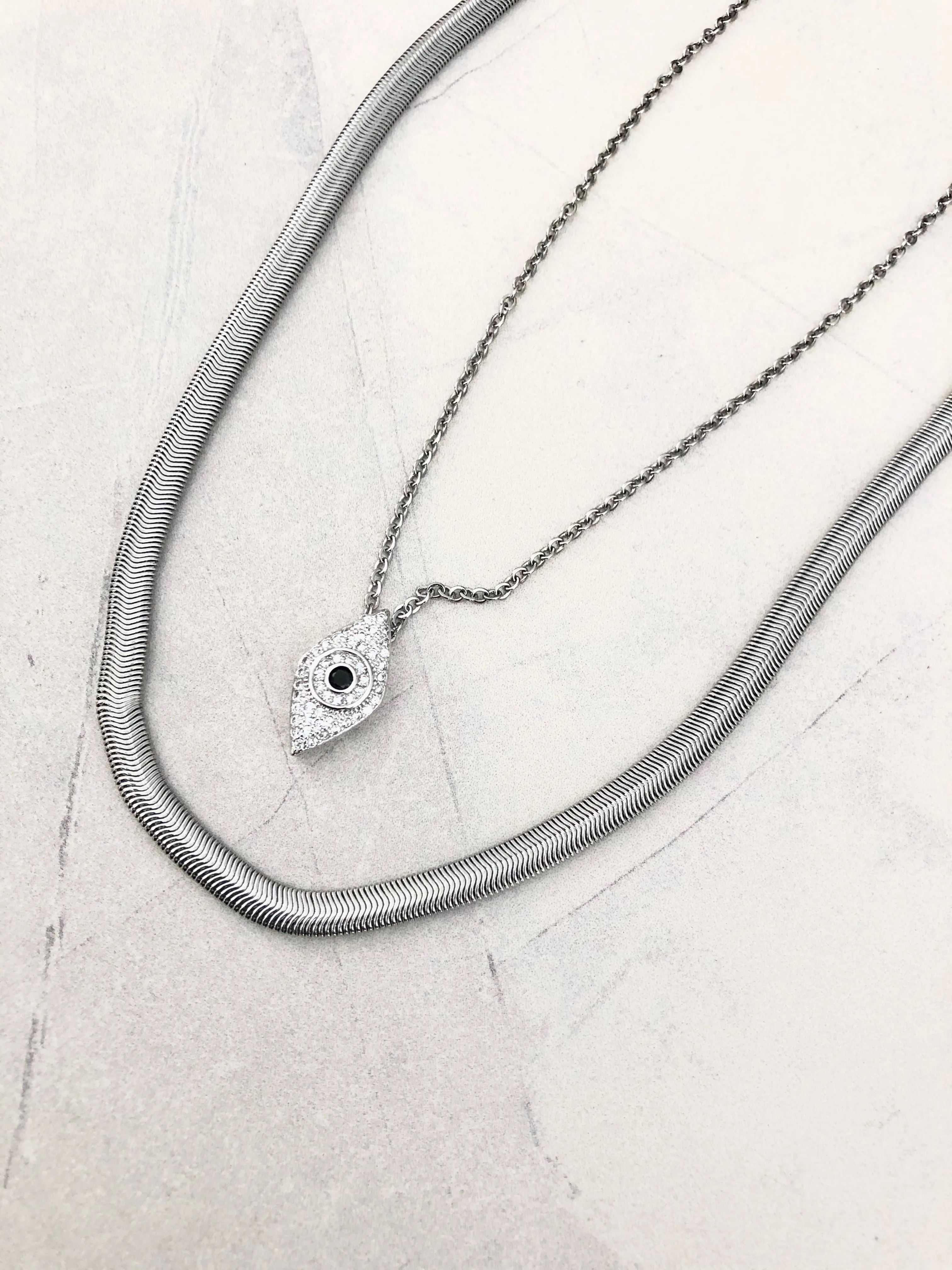 HERRINGBONE SNAKE CHAIN and EVIL EYE NECKLACE SET