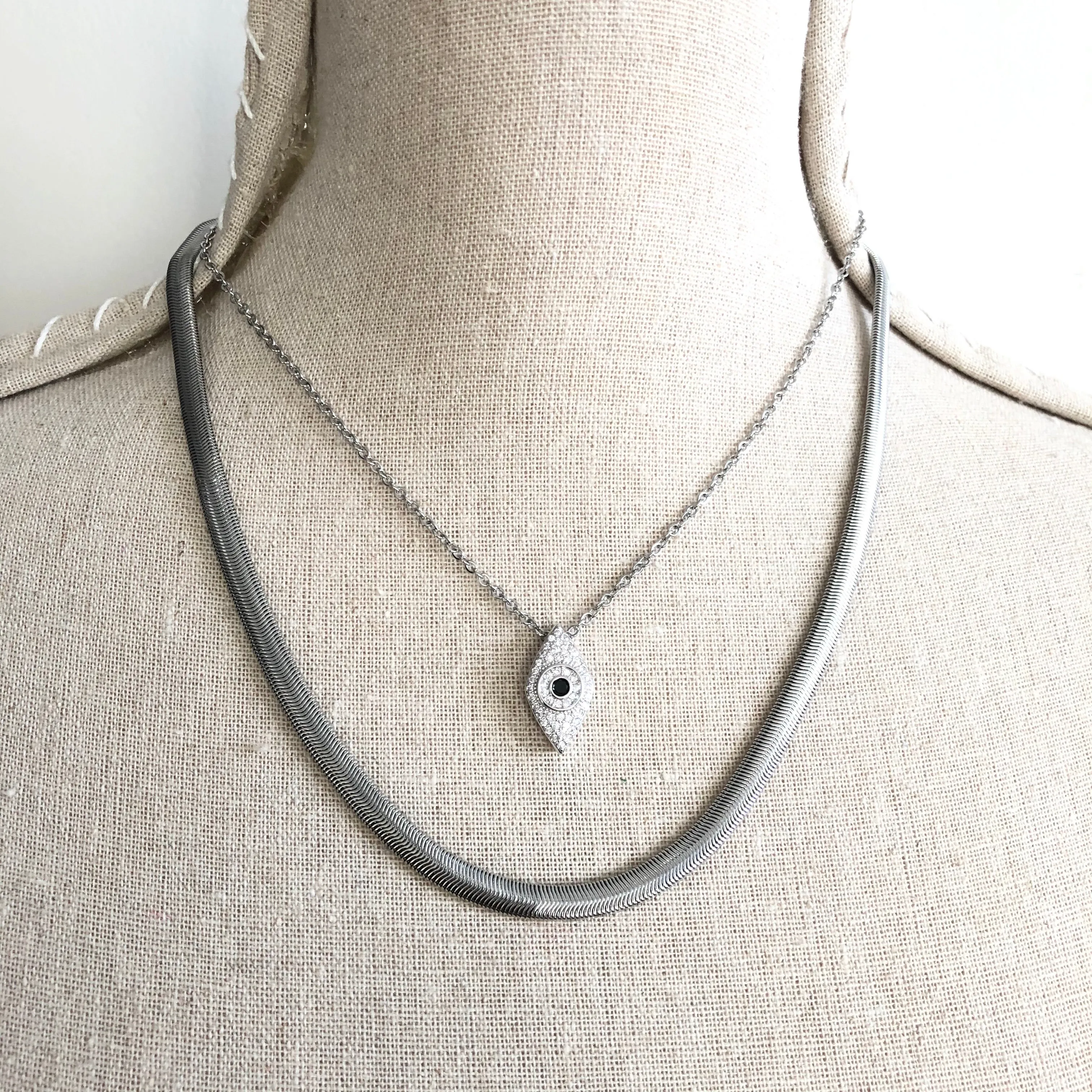 HERRINGBONE SNAKE CHAIN and EVIL EYE NECKLACE SET
