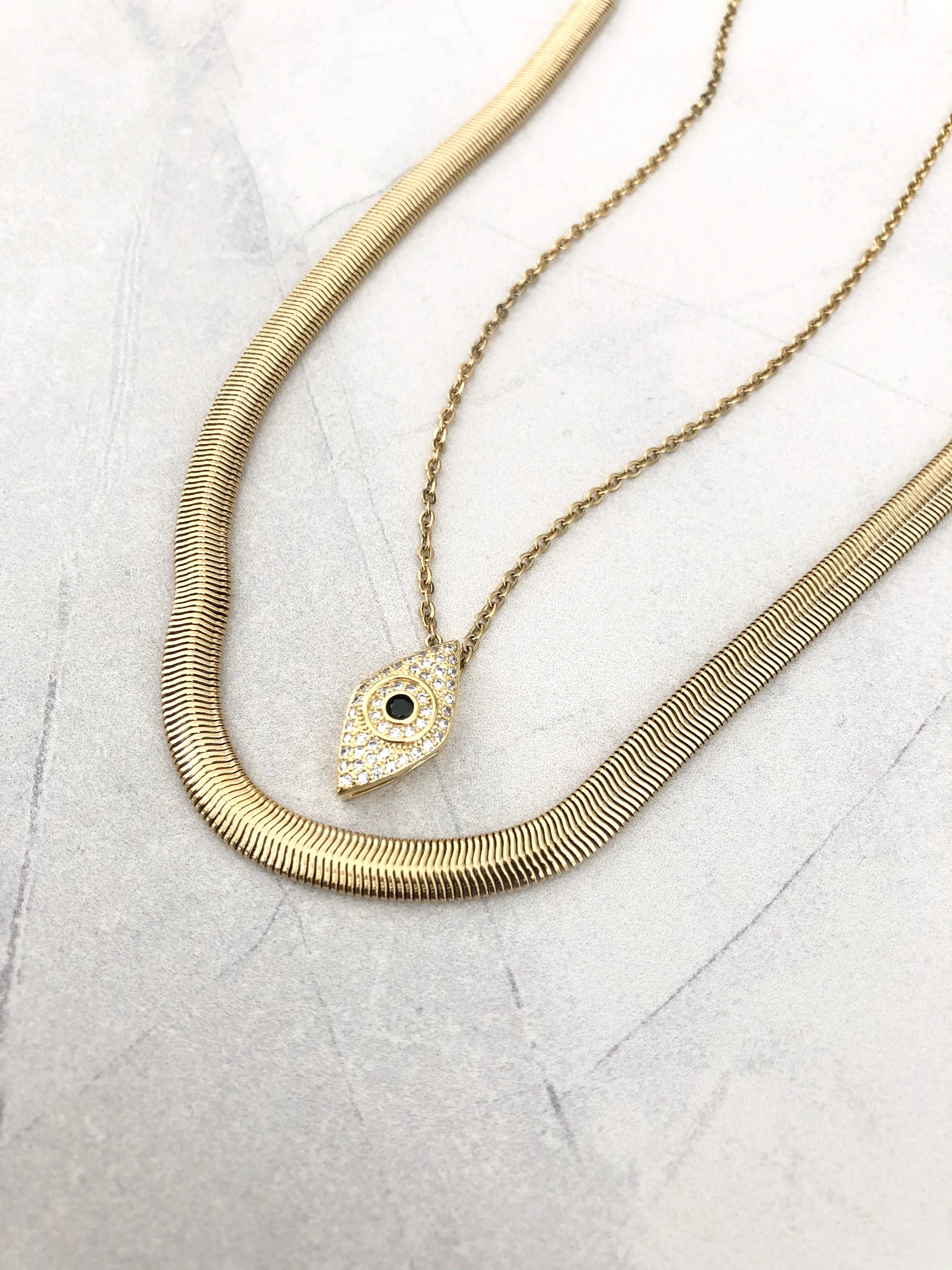 HERRINGBONE SNAKE CHAIN and EVIL EYE NECKLACE SET