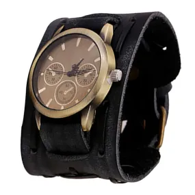 High Quality Retro Punk Rock Brown Big Wide PU Leather Bracelet Watches For Men Business Sports Quartz Watches