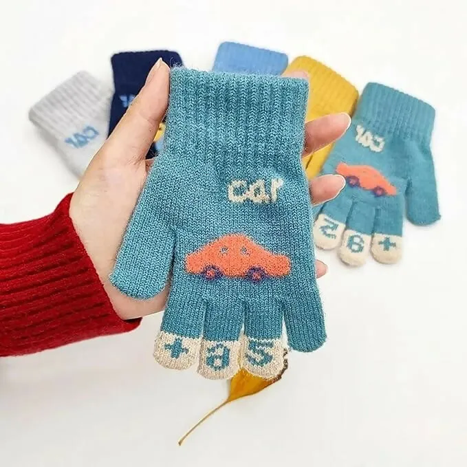 Kids Winter Gloves Faux Wool, Elastic Knit, Car Pattern, for 3-8 Year Olds (Random Colours)