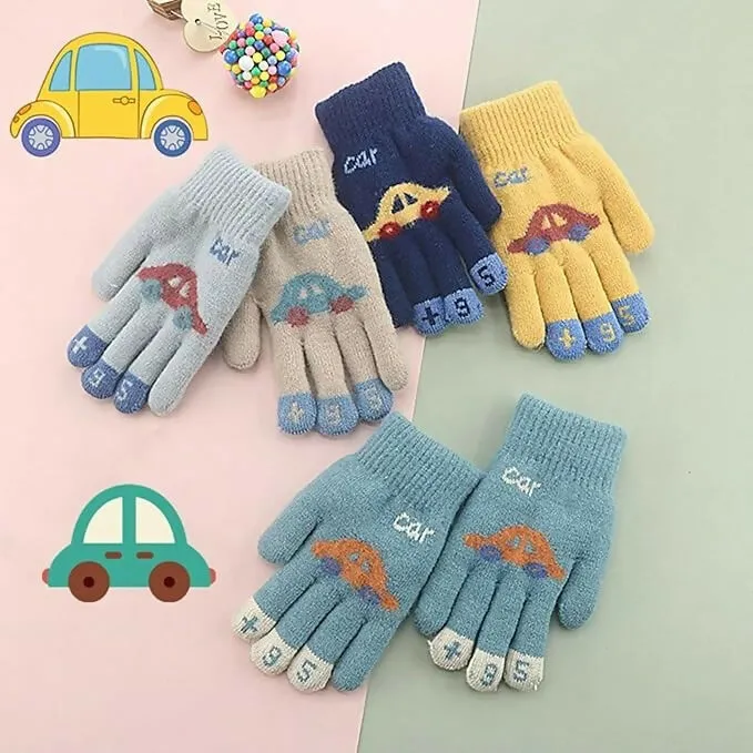 Kids Winter Gloves Faux Wool, Elastic Knit, Car Pattern, for 3-8 Year Olds (Random Colours)
