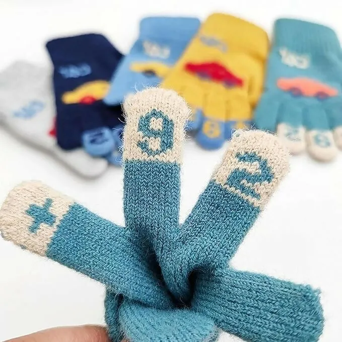 Kids Winter Gloves Faux Wool, Elastic Knit, Car Pattern, for 3-8 Year Olds (Random Colours)
