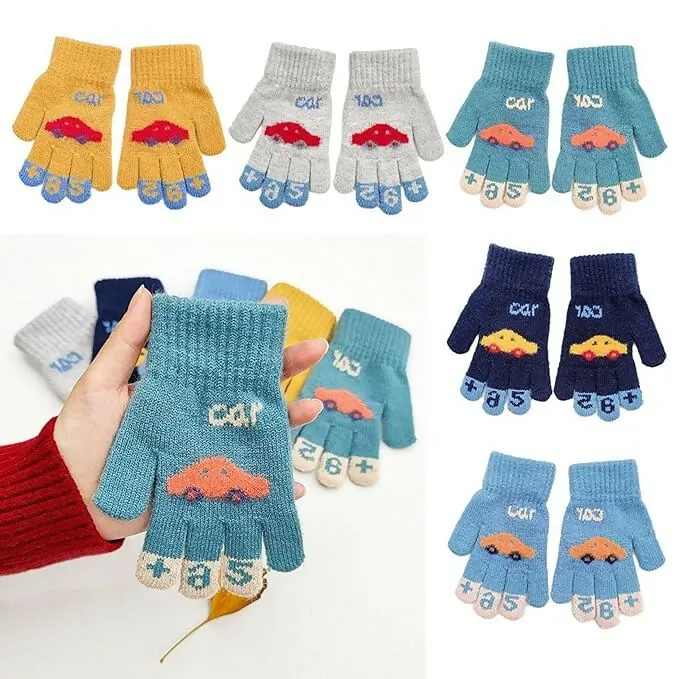 Kids Winter Gloves Faux Wool, Elastic Knit, Car Pattern, for 3-8 Year Olds (Random Colours)
