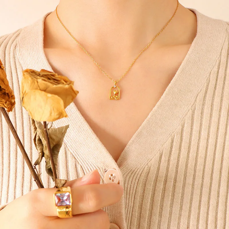 Korean Rose Zircon Geometric Copper Necklace with Short Chain