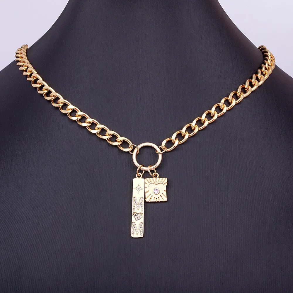 Light Luxury Zircon Geometric Inlaid Heart Shape Shine Crystal Pendant Mom Letter Necklace Women