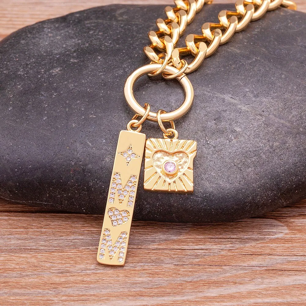 Light Luxury Zircon Geometric Inlaid Heart Shape Shine Crystal Pendant Mom Letter Necklace Women