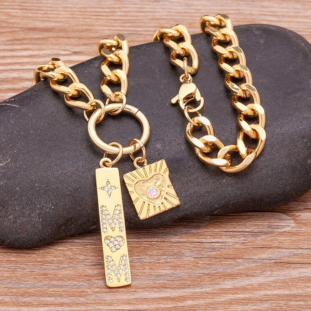 Light Luxury Zircon Geometric Inlaid Heart Shape Shine Crystal Pendant Mom Letter Necklace Women
