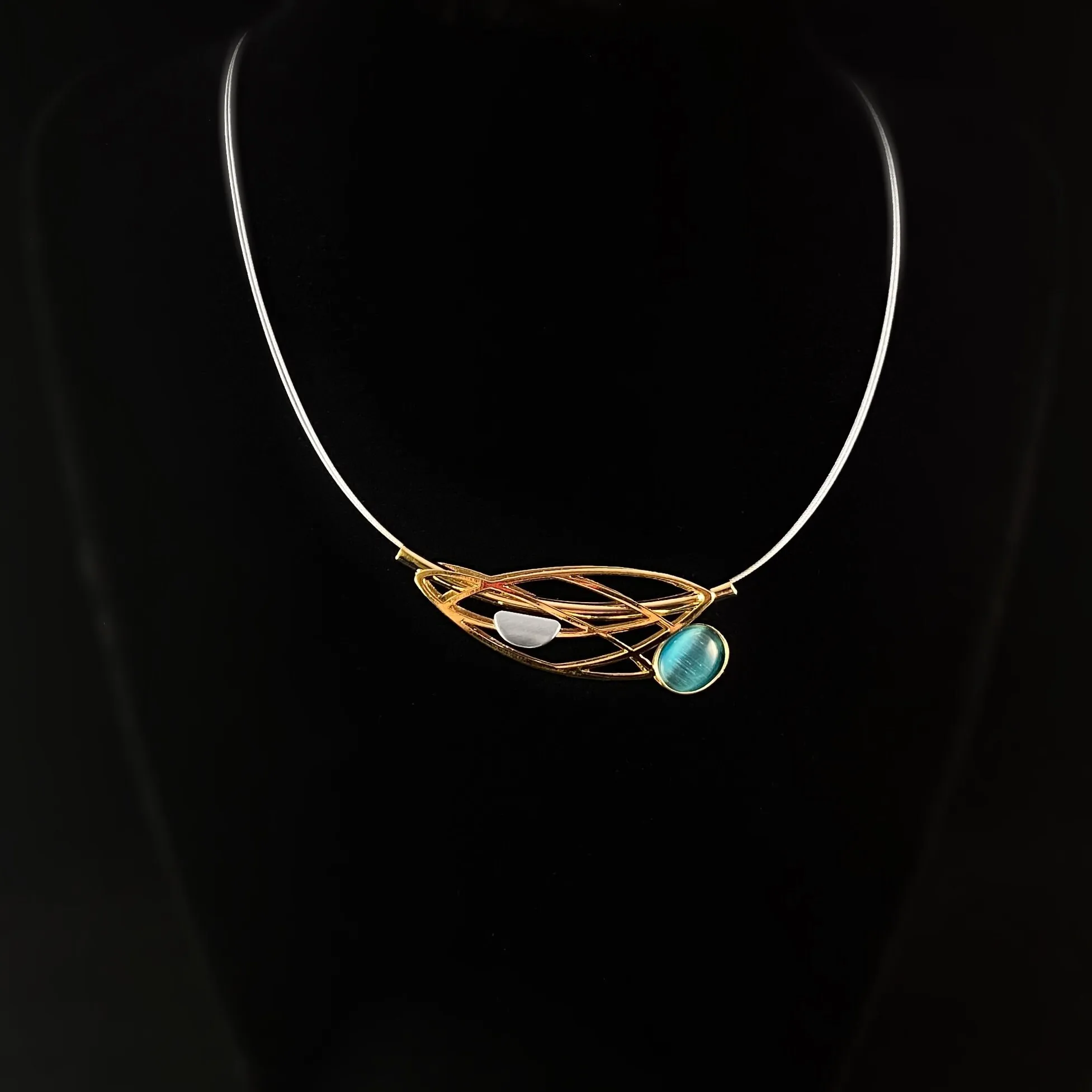 Lightweight Handmade Geometric Aluminum Necklace, Blue/Gold Dragonfly Wing