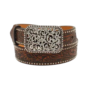 M&F Ariat Girl's Floral Embroired Brown Belt