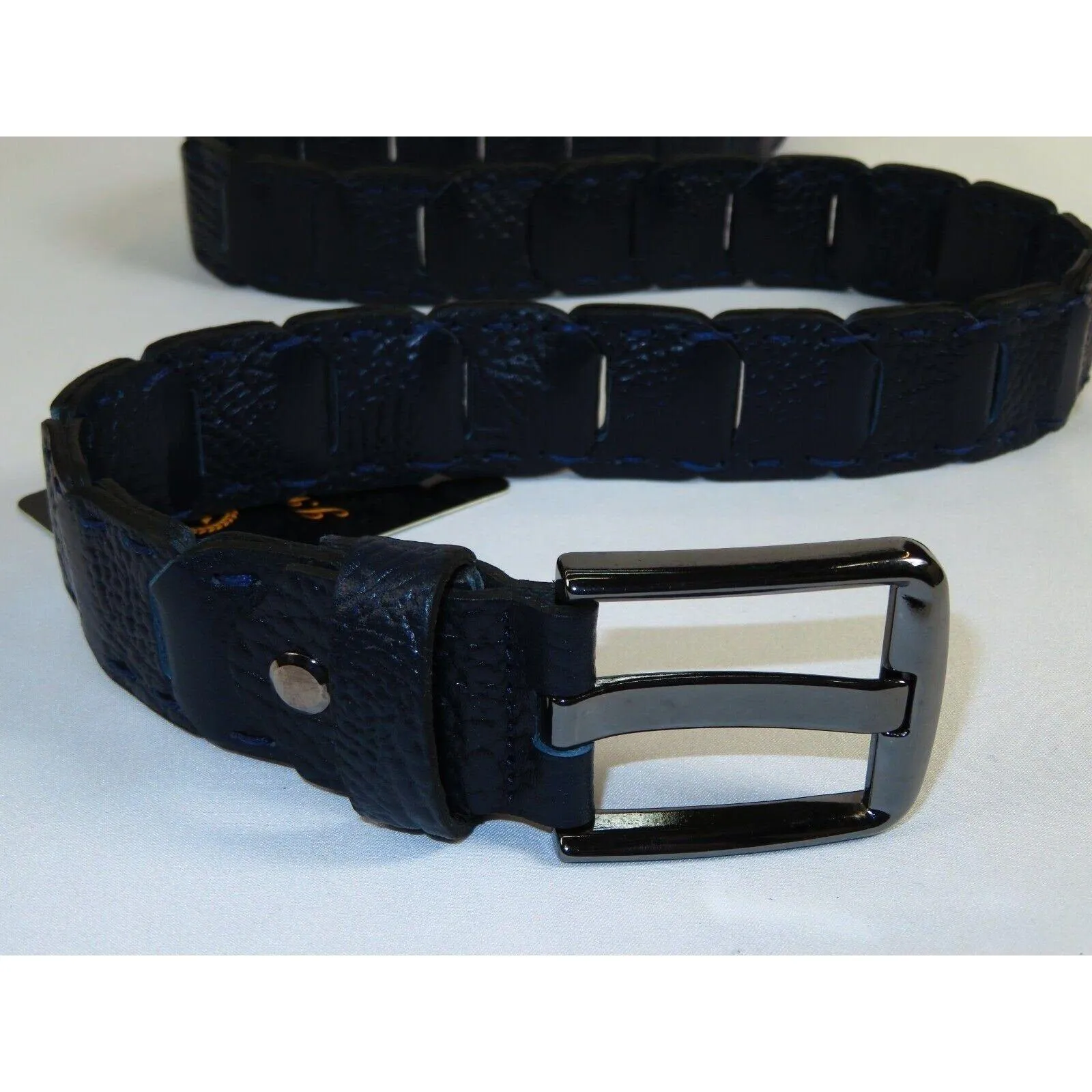 Men Genuine Leather Belt PIERO ROSSI Turkey Crocodile print Hand Stitch #69 navy