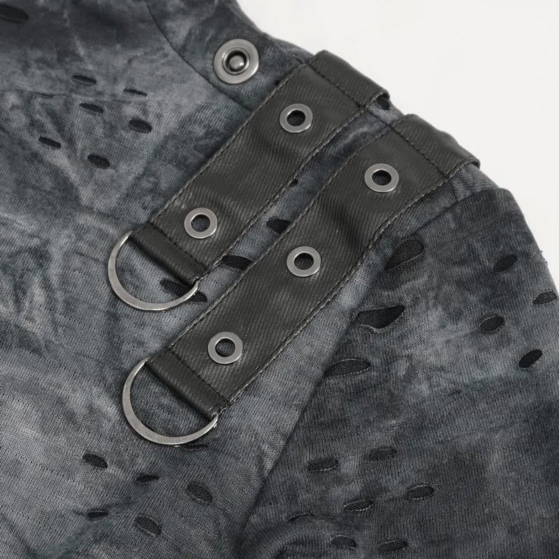 Men's Asymmetrical Textured Top with High Neck and Buckles