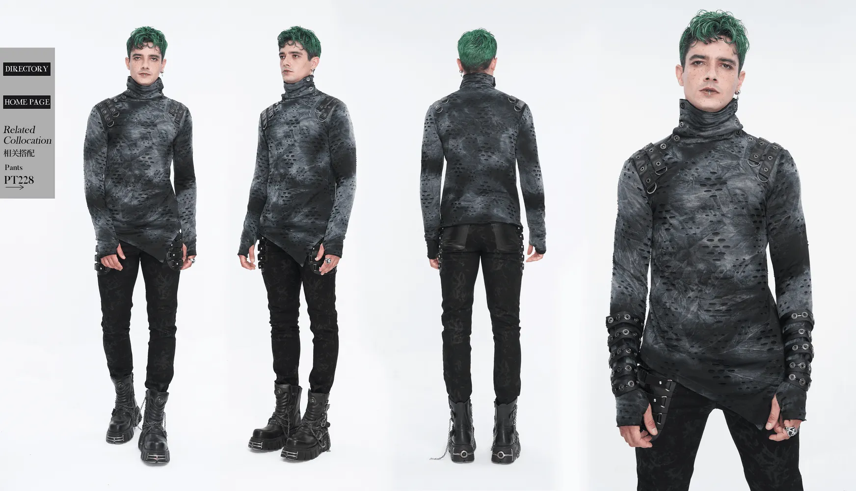 Men's Asymmetrical Textured Top with High Neck and Buckles